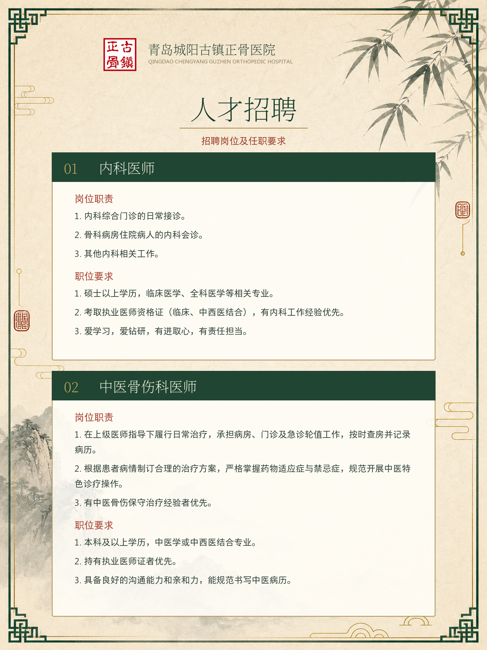 青岛城阳古镇正骨医院人才招聘岗位及任职要求